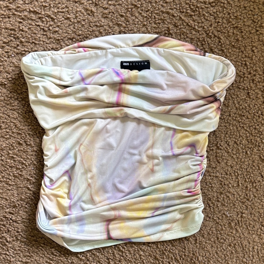 ASOS Pastel Marble Strapless Camisole in Cream with Pink & Yellow Accents